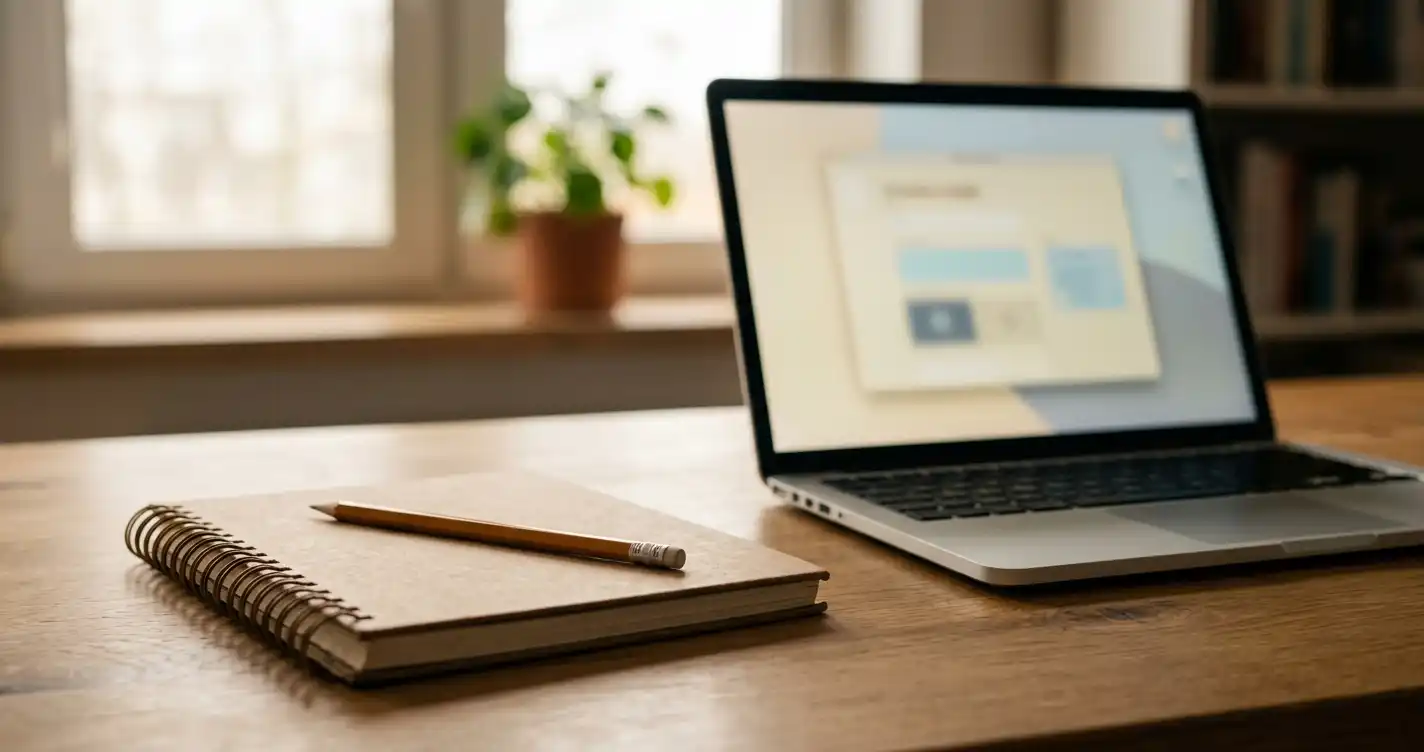 Notatnik i laptop na drewnianym biurku w neutralnym świetle dziennym