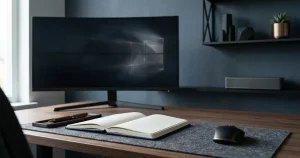 Ciemny monitor i notes na biurku w stonowanym oświetleniu