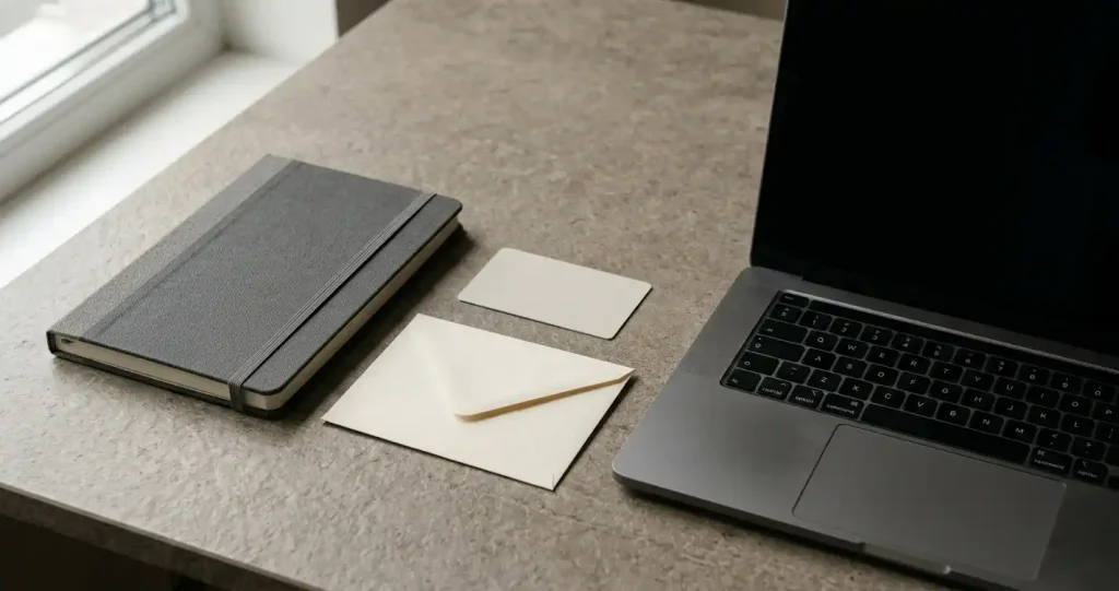 Zamknięty notes, neutralna karta i dokumenty ułożone przy laptopie na biurku
