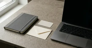 Zamknięty notes, neutralna karta i dokumenty ułożone przy laptopie na biurku